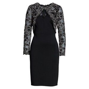 NWT Tadashi Shoji Darya in Black White Embroidered Shrug Sheath Dress 6